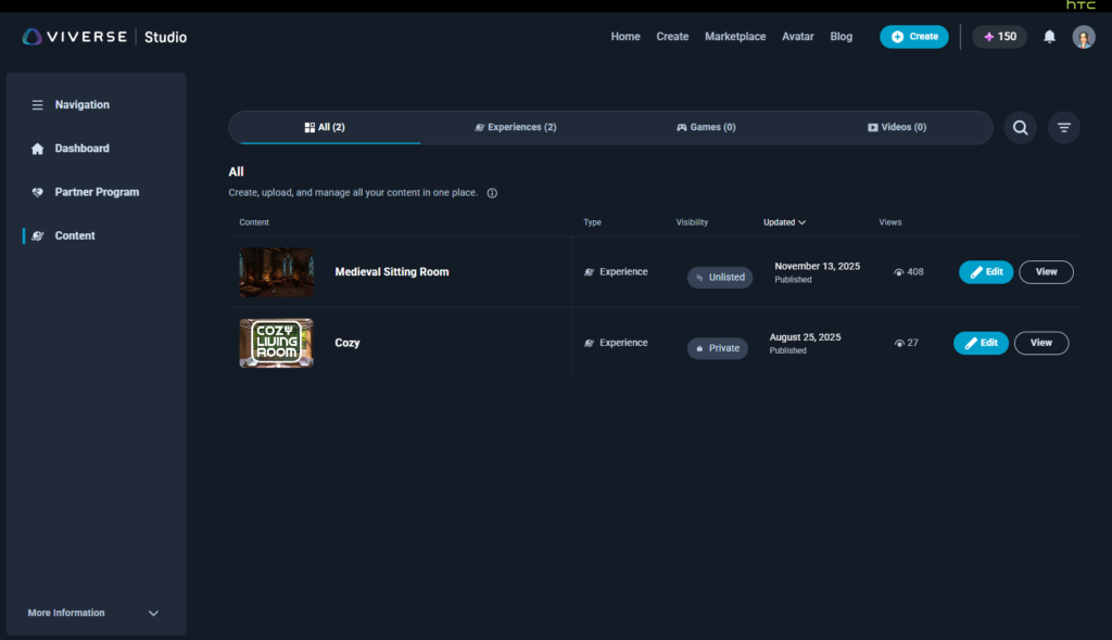 VIVERSE Studio Content tab showing All, Experiences, Games, and Videos sections with a published game listing.