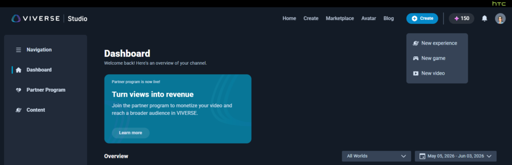VIVERSE Create menu listing New experience, New game, and New video.