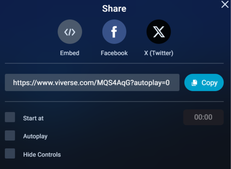 VIVERSE video share dialog showing embed, Facebook, and X buttons and a copyable link.