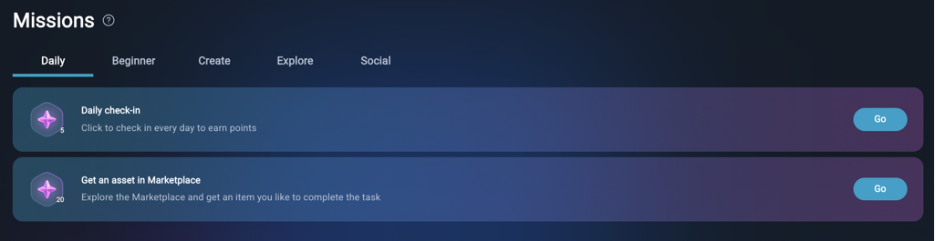 VIVERSE Missions panel on the Daily tab with daily check-in and get-an-asset quests.