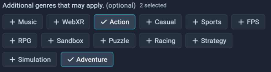 VIVERSE Studio genre chips including Action, Adventure, RPG, Puzzle, and more.