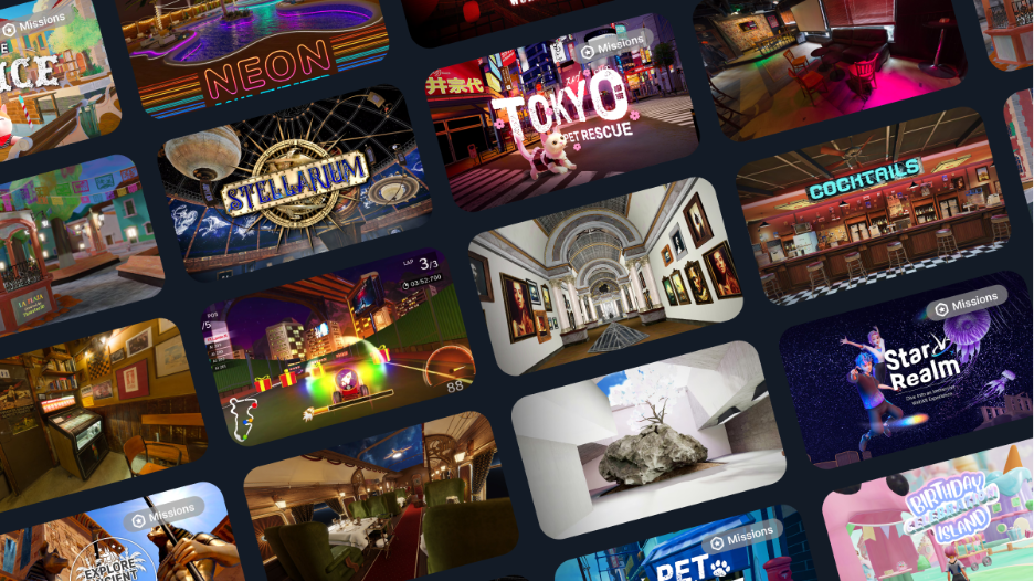 Grid of colorful VIVERSE world thumbnails, including tiles labeled Neon, Stellarium, Tokyo, Cocktails, and Star Realm, several marked with a Missions badge.
