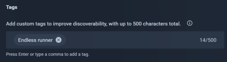 VIVERSE Studio tags field with a custom tag entered and a character counter.