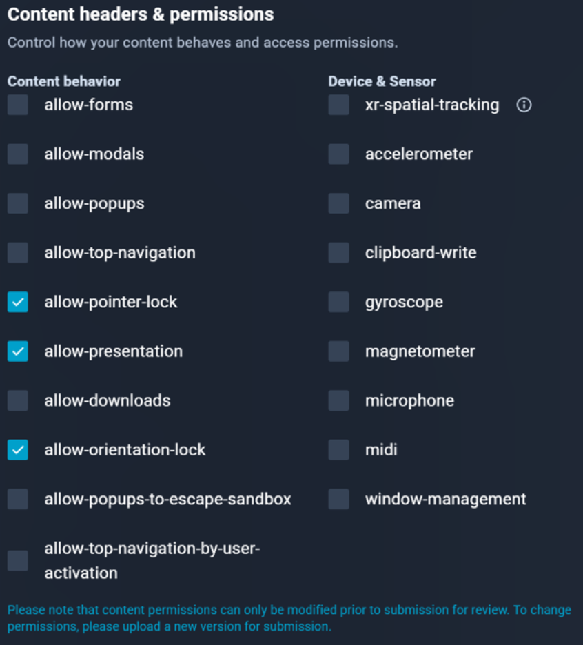 VIVERSE Studio content permissions panel showing checkboxes for content behavior and device sensors.