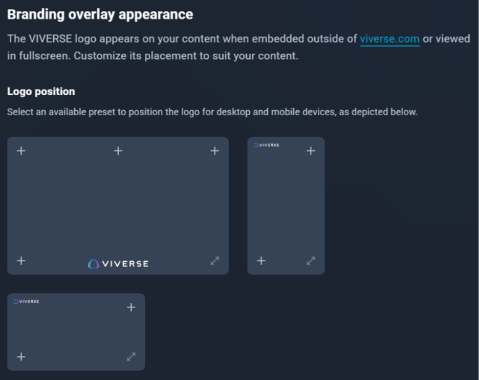 VIVERSE branding overlay appearance settings showing logo position presets for desktop and mobile.