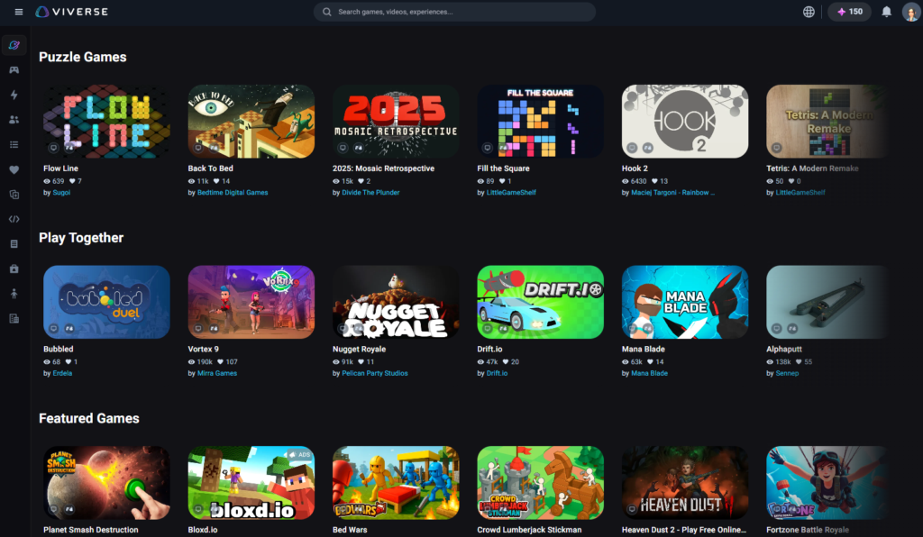 VIVERSE web landing page with centered search bar, slim side menu, and rows of featured content.