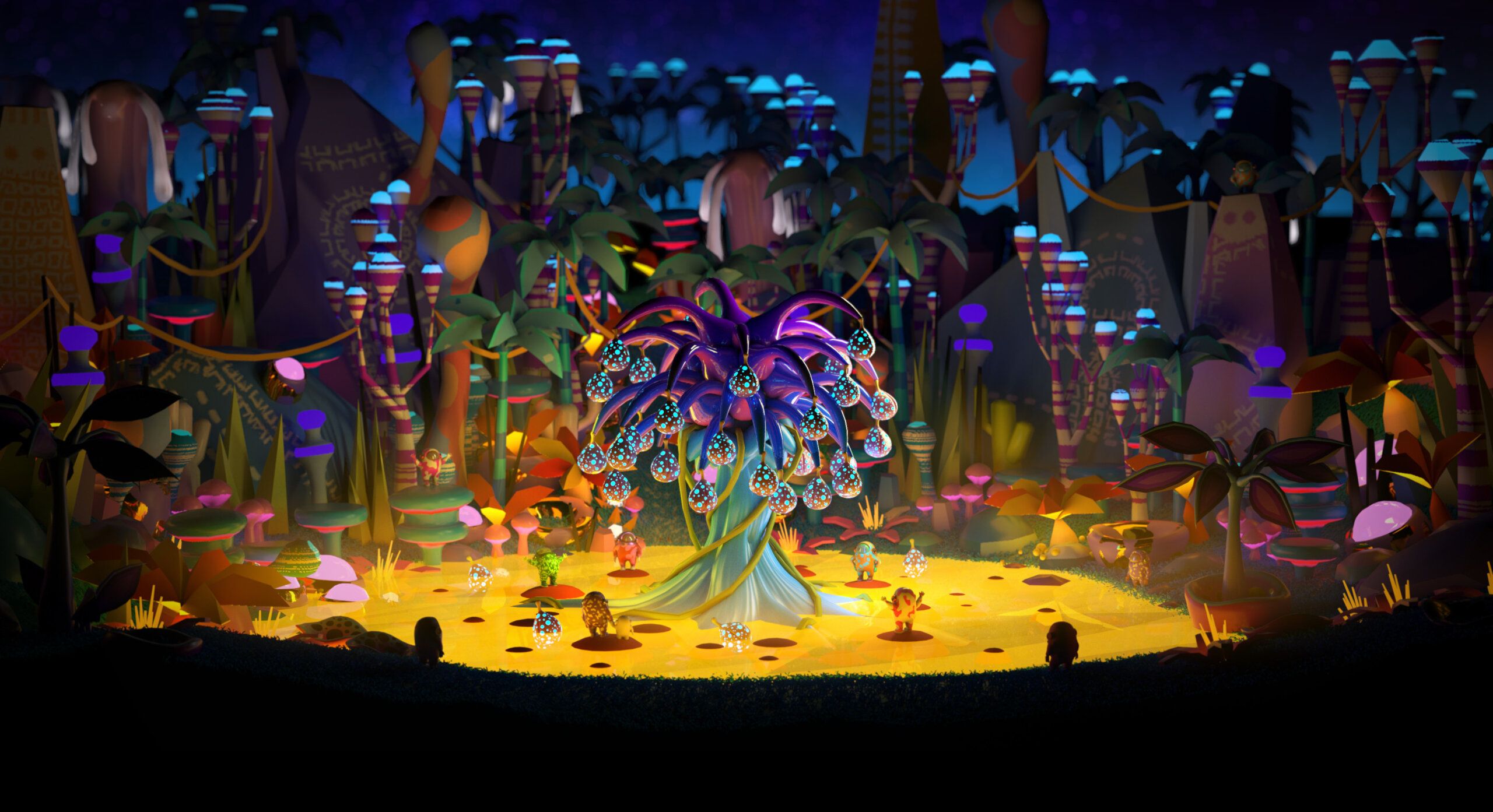 Glowing Lunaberry tree surrounded by Ibra creatures in the Aku VIVERSE experience