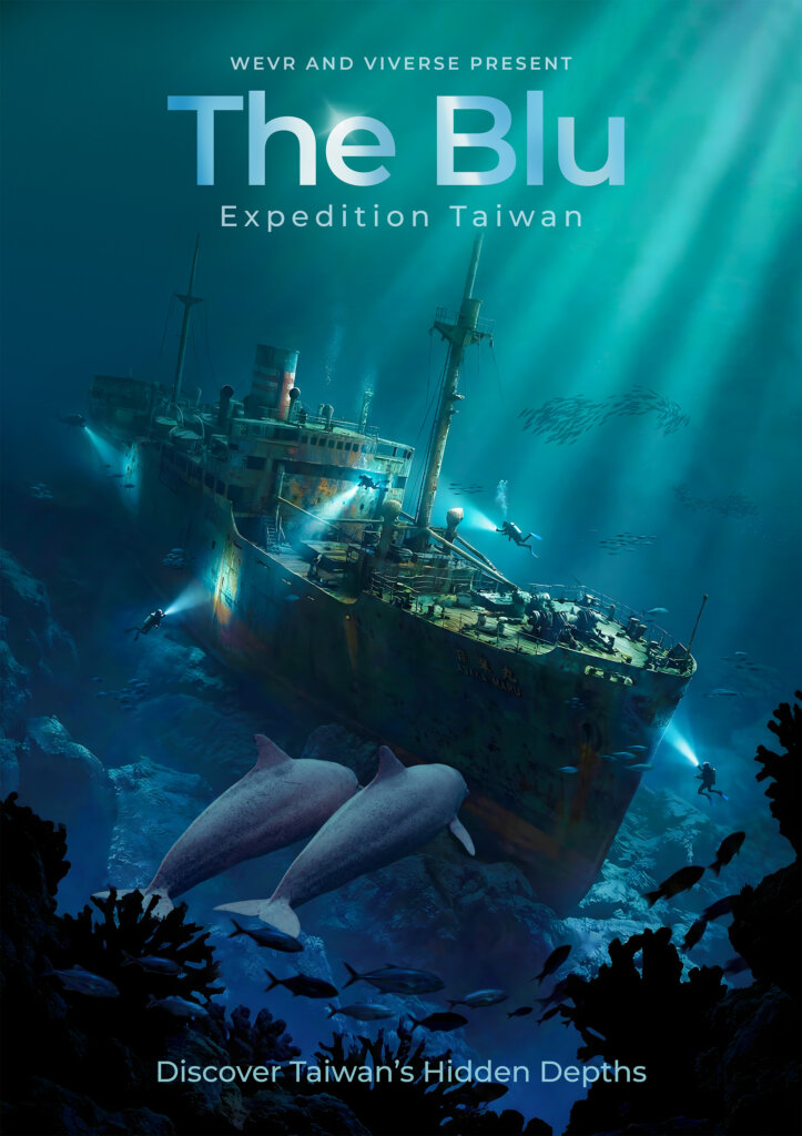 Divers and white dolphins explore a deep-sea shipwreck in The Blu: Expedition Taiwan key art