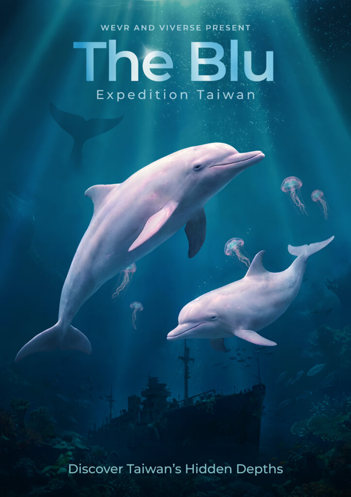 Two endangered Taiwanese white dolphins swim through sunlit water in The Blu: Expedition Taiwan in this promotional image for the experience.