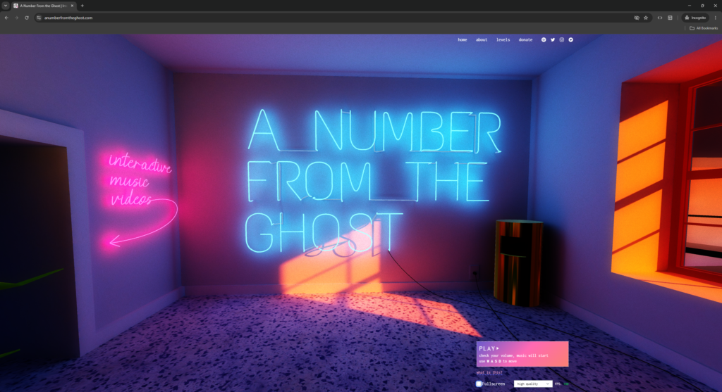 Screenshot of the interactive site "A Number From the Ghost" showing a 3D room with neon signage reading "A Number From the Ghost" in blue and "interactive music videos" in pink, with a play button in the bottom right corner and WASD movement instructions.