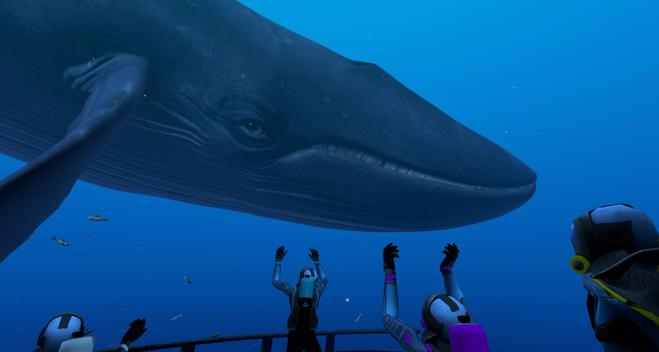 Divers reach toward a massive blue whale during a free roam VR experience in Taiwan's open waters