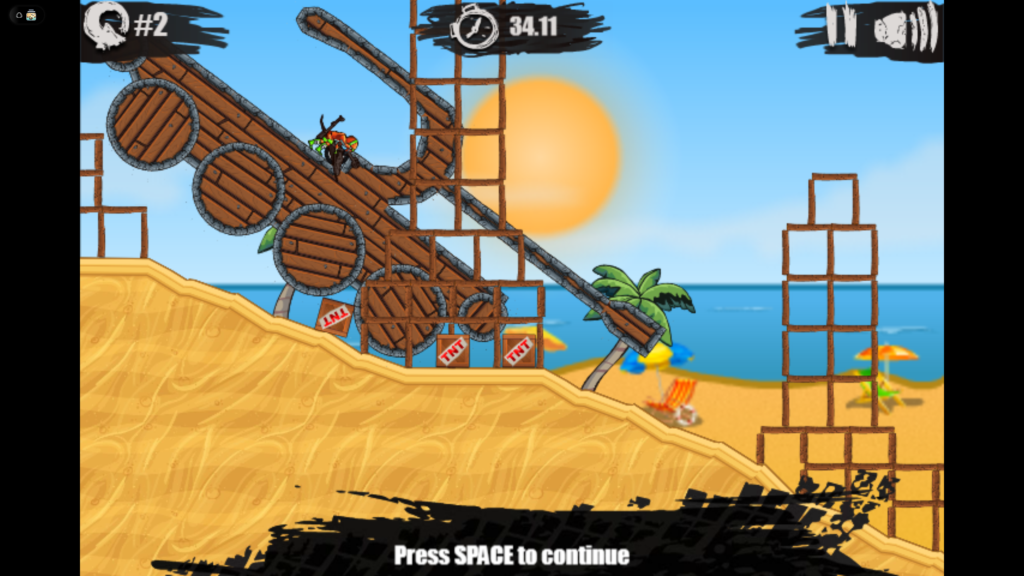 Screenshot from the author's gameplay of Moto X3M, but their character landed in a wooden tank and ...they're not getting back up.