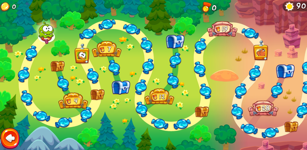 Cut the Rope 2 level map showing candy trails, treasure chests, and numbered level boxes