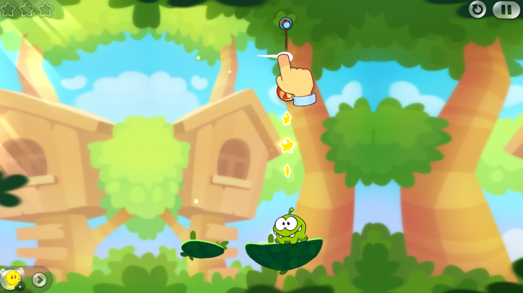Level design with On Nom sitting on a leaf in Cut the Rope 2 outside amongst the trees.