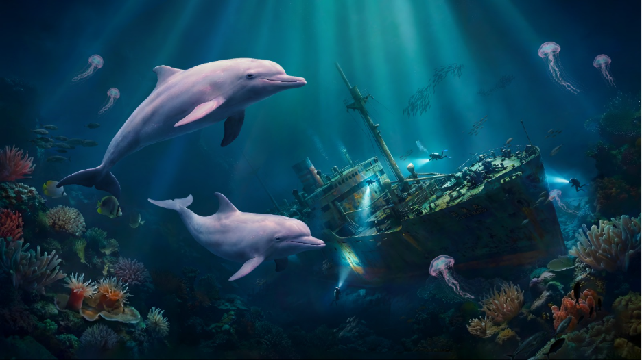 Two pink dolphins glide past a sunken shipwreck and divers in a free-roam VR scene of Taiwan's deep sea