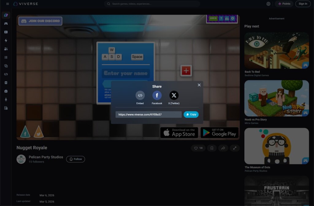 VIVERSE share pop-up with embed, social, and copy link options for a browser game.