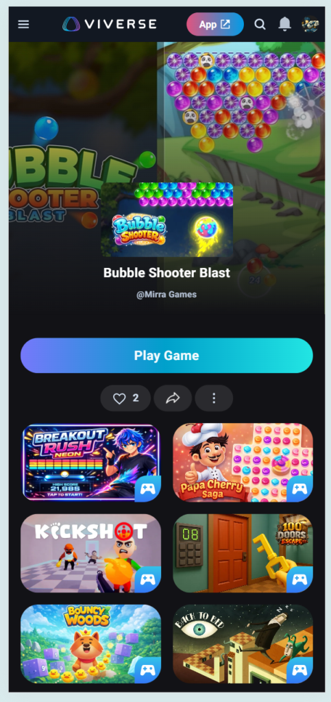 : The redesigned VIVERSE content detail page showing a game's title, play button, and related content on mobile.