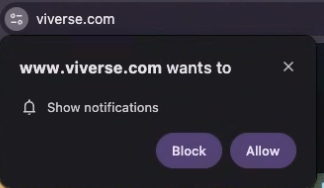A browser prompt asking to allow notifications from viverse.com.