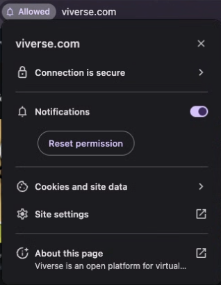Notifications toggle is available in site settings to Allow or Block notifications from VIVERSE.