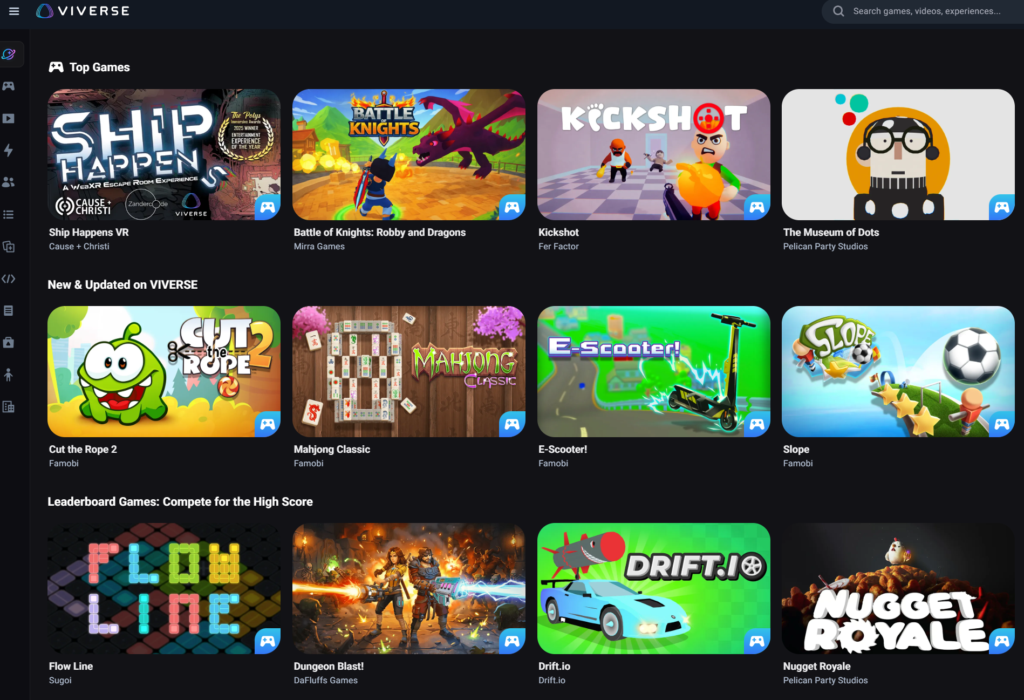 The VIVERSE web landing page showing Top Games and newly updated content in a grid layout.