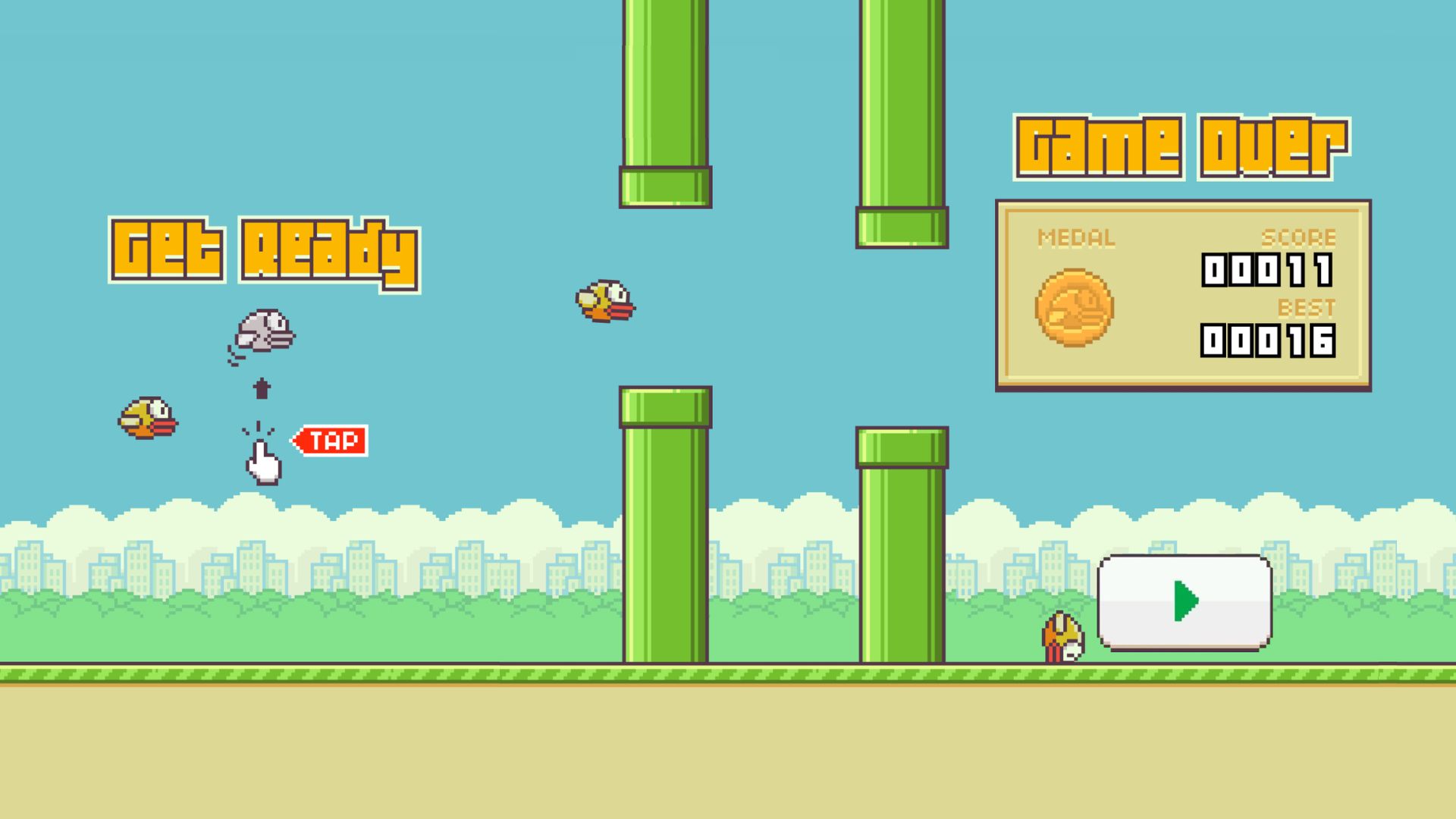 Flappy Bird gameplay on VIVERSE showing the Get Ready screen, a bird flying between pipes, and the Game Over score screen
