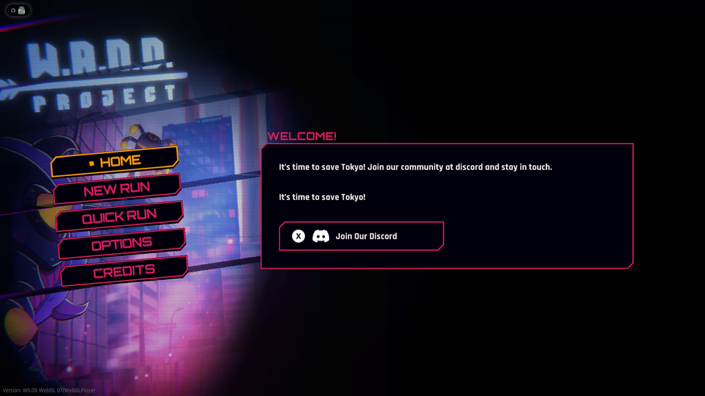 W.A.N.D. Project main menu with New Run and Quick Run options over neon Tokyo
