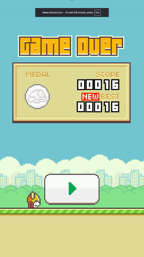 Flappy Bird score screen on VIVERSE after a completed run.