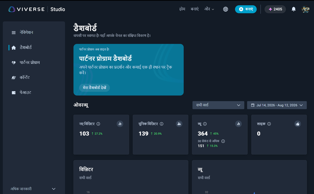 Creator Studio dashboard displaying Hindi text and Partner Program banner
