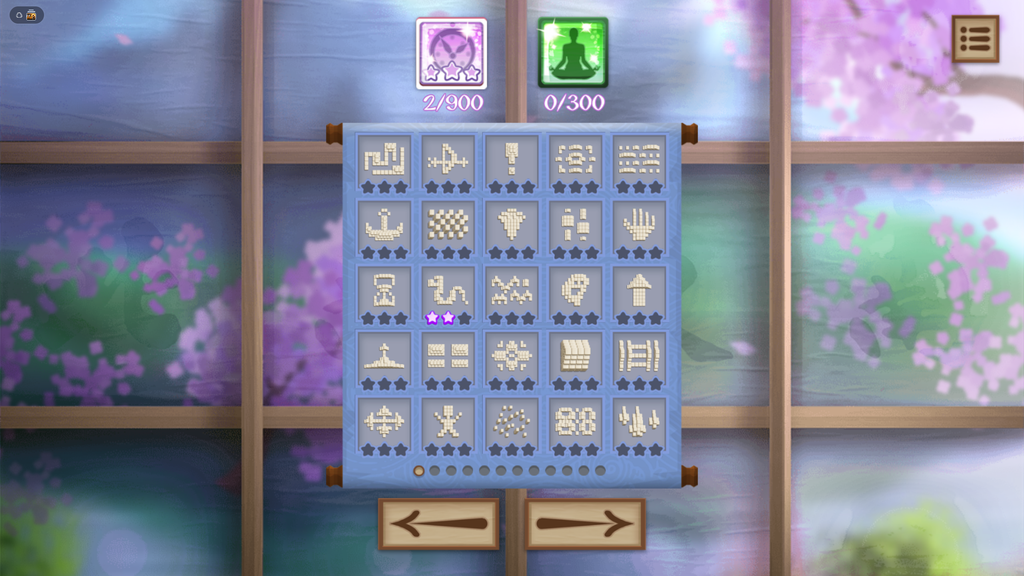 Mahjong Classic level select screen showing dozens of tile-layout boards to choose from.