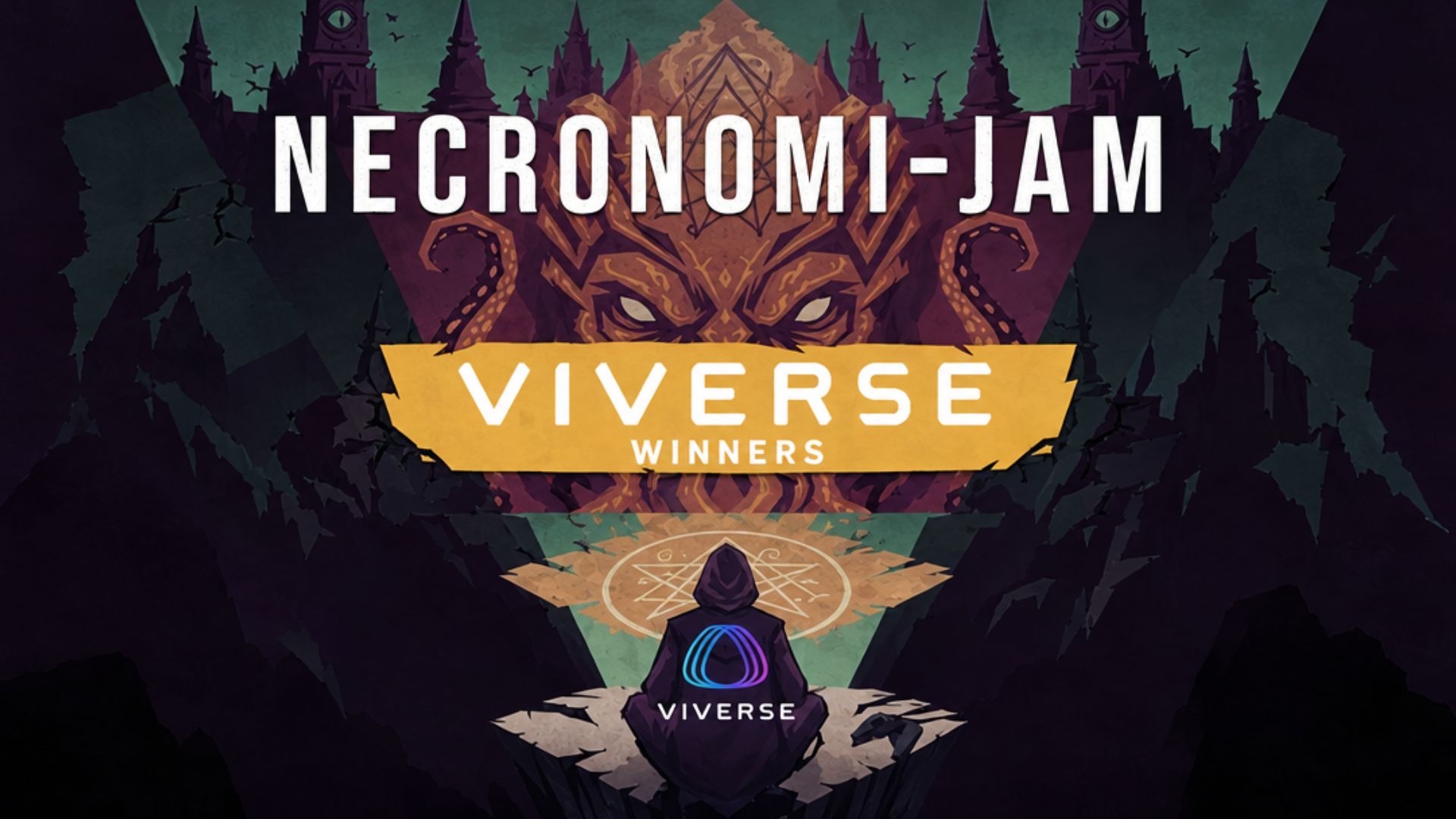 Key art for the three Necronomi-Jam winners of the VIVERSE track, all cosmic horror games