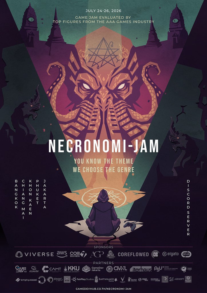 Official Necronomi-Jam poster for the Lovecraftian game jam hosted by Game Dev Hub.