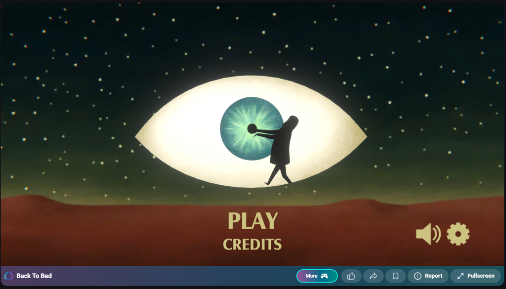 Back To Bed game title screen with the redesigned control bar below it, showing More, like, share, save, Report, and Fullscreen buttons