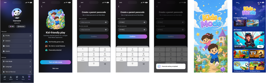 Seven mobile app screens showing Kids Mode setup, from Settings to the parent passcode step and the Kids Mode game library