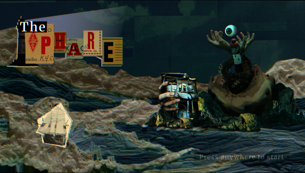 The Phare title screen: a paper-collage ship sails a stormy sea toward giant hands holding a house and an eyeball