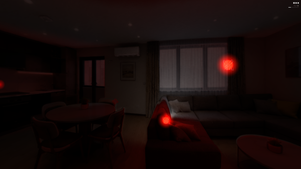HONEY, I FORGOT THE KEY gameplay: glowing red winged creatures swarm a dim apartment living room.