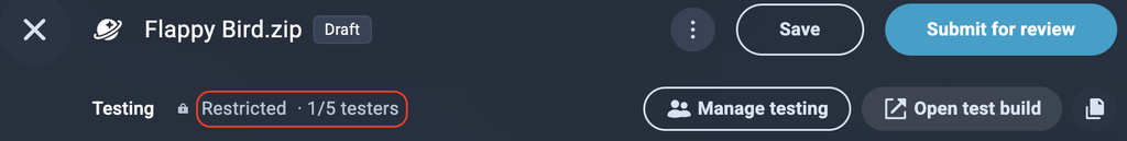 Creator Studio header showing Restricted testing with 1 of 5 testers, plus Manage testing and Open test build buttons