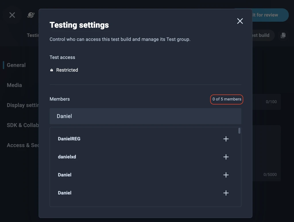 Testing settings panel in Creator Studio with Restricted test access and a member search showing 0 of 5 members