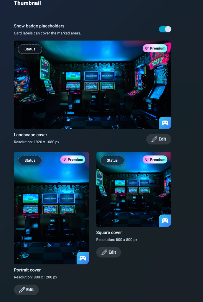 Creator Studio thumbnail settings showing landscape, portrait, and square thumbnails with the Show badge placeholders toggle turned on