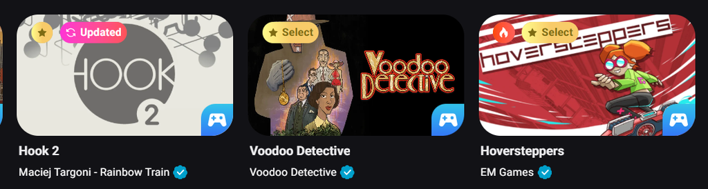 Three game cards with Select, Updated, and Hot badges in their top corners