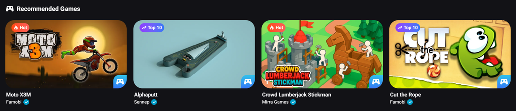 Recommended Games row with Hot and Top 10 badges on game thumbnails